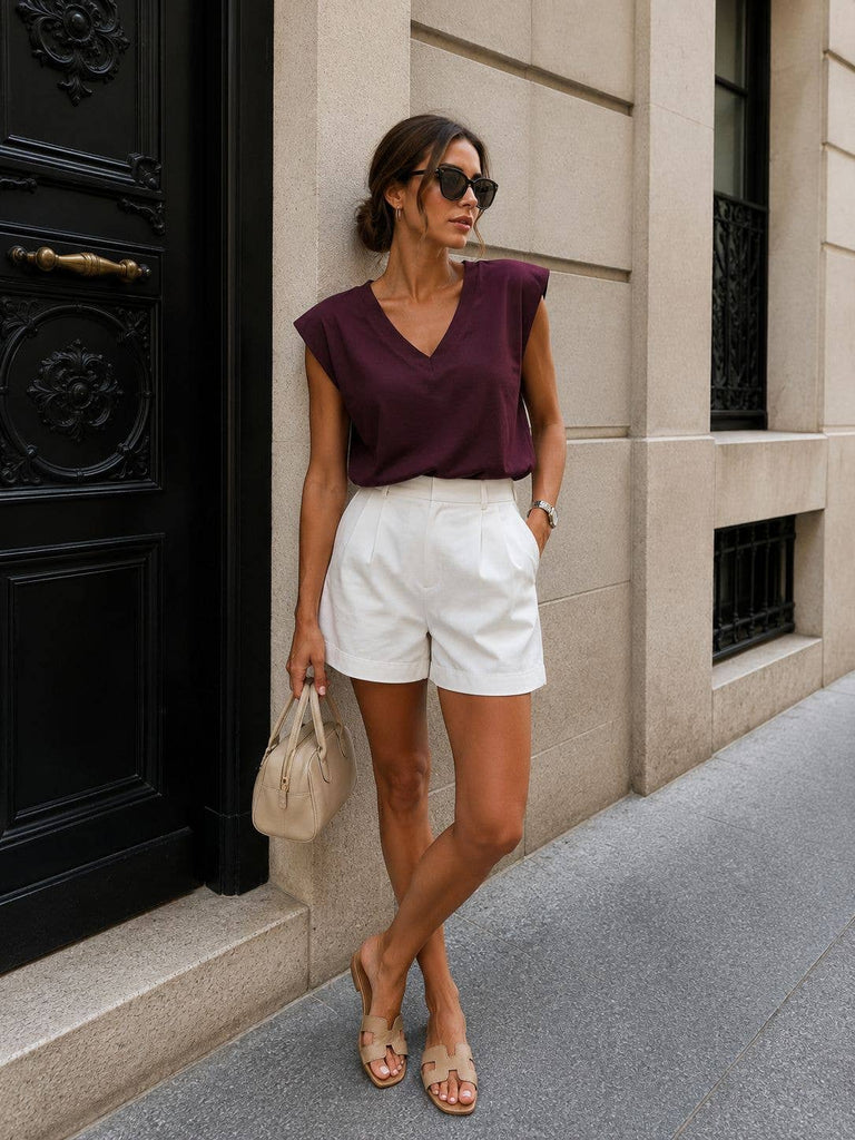 Prune Sleeveless V-neck Top with Pleated Shoulder Pads