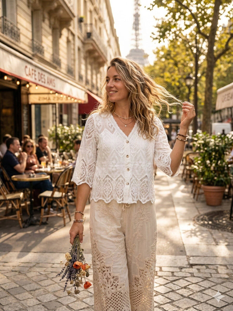 Beige Lace shirt with geometric and floral motifs: Beige