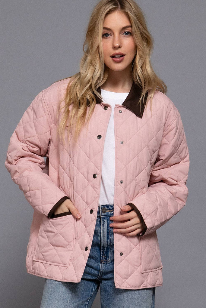 Pink Long Sleeve Contrast Lapel Collar Quilted Puffer Barn Jacket