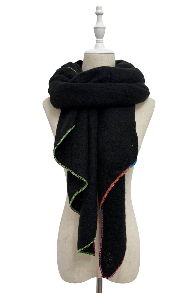 Plain Contrast Stitch Wool Diagonal Edge Scarf: Black