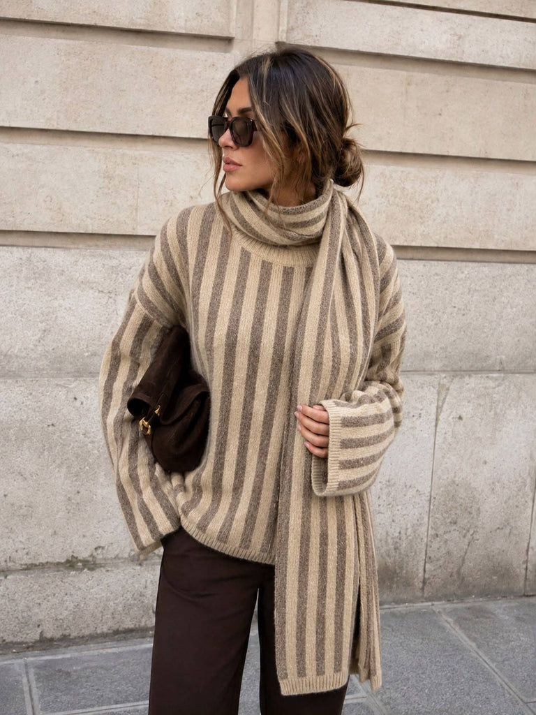 Mole Women's oversized two-tone striped knit sweater with scarf