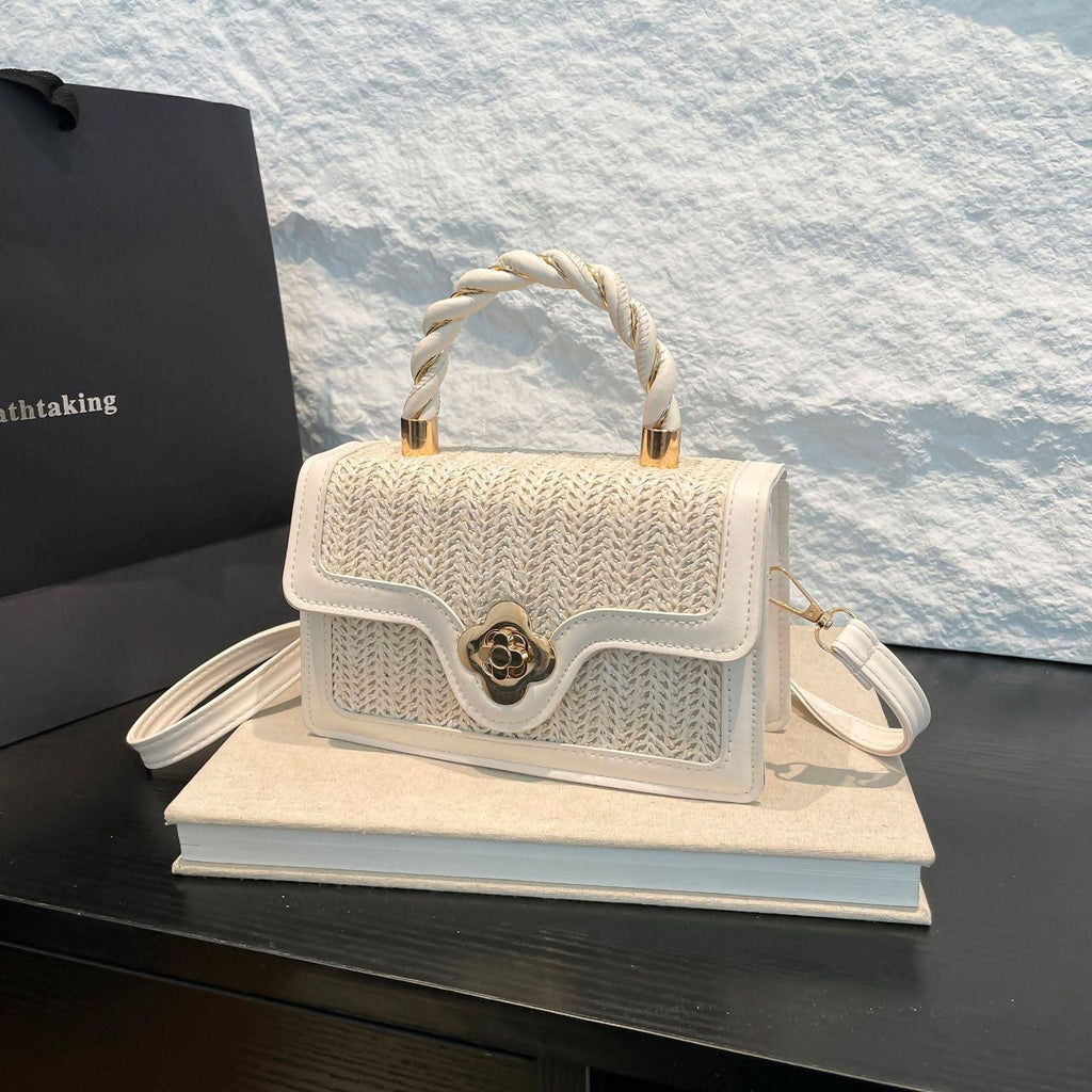 Small PVC Straw Effect Two-toned Top Handle Bag-9408: Beige