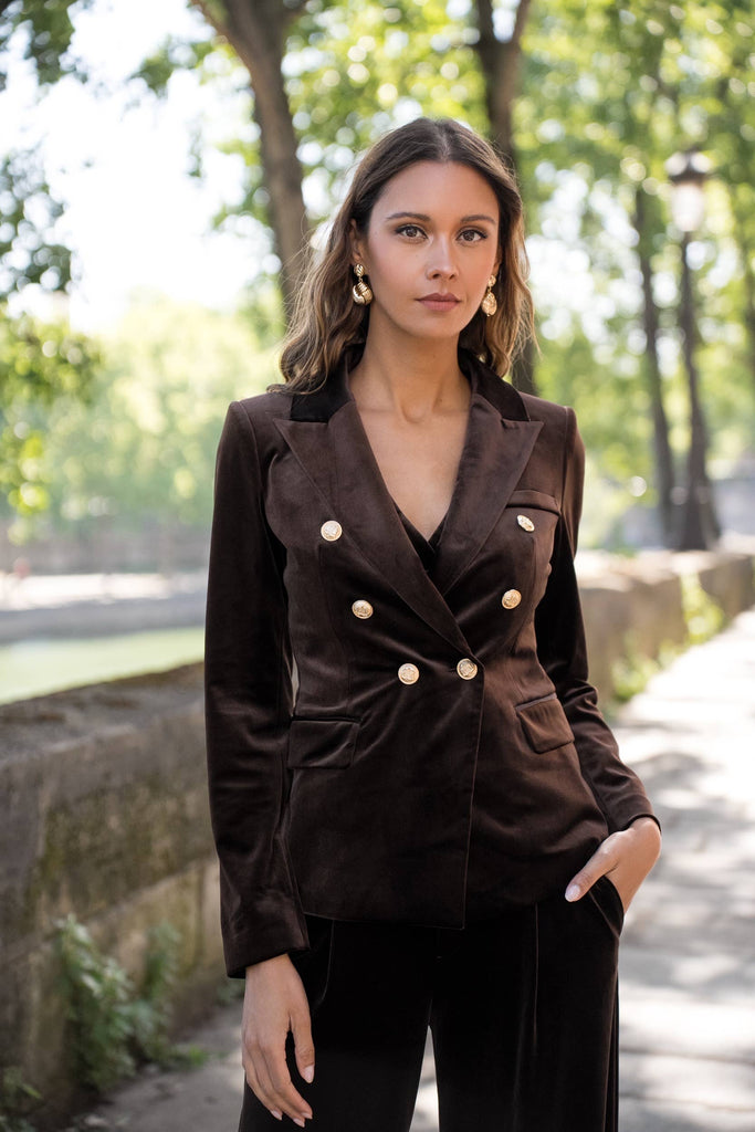 Chocolate Double-breasted velvet blazer with gold buttons