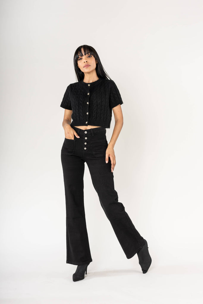 Black Back to school P139 wide high waist stretch Flare Jeans