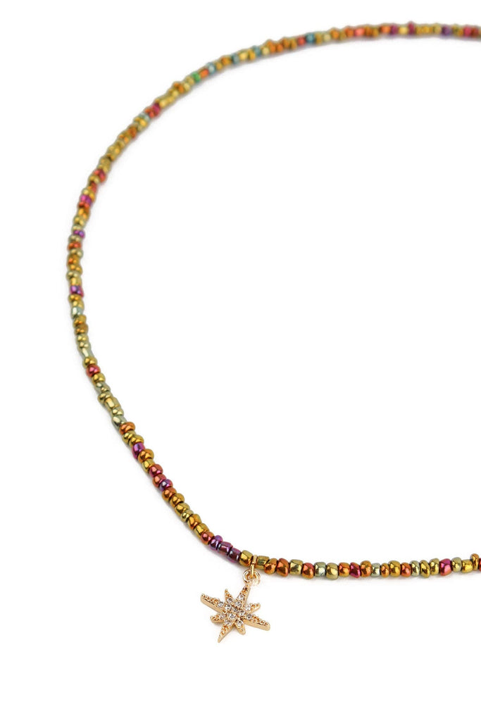 MULTI RAINBOW BEADED STAR PENDANT NECKLACE