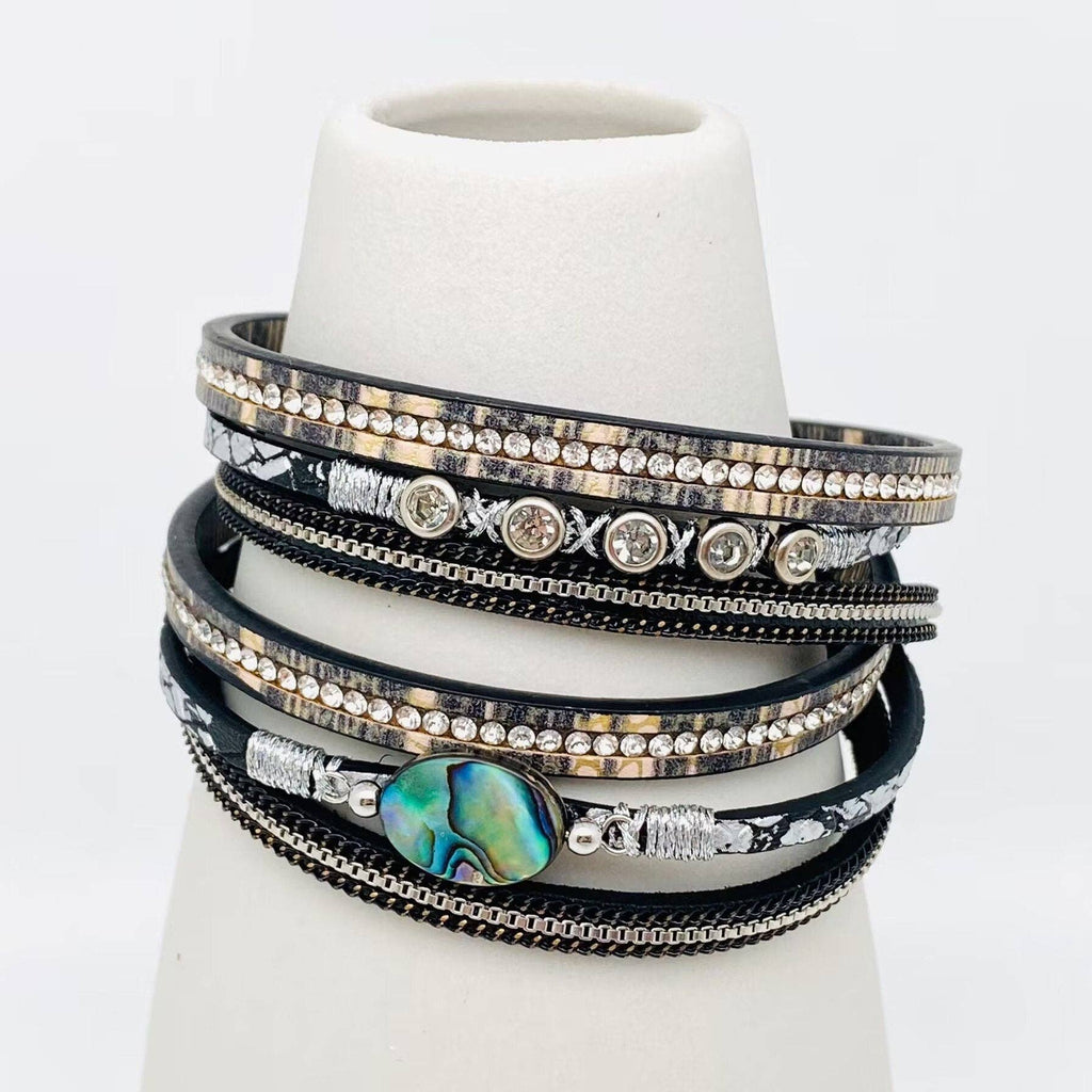 Abalone Shell Rhinestone Leather Bracelet - BJ/LB