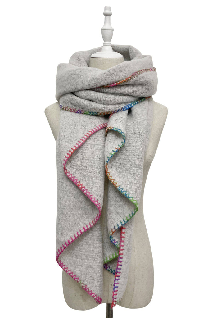 Plain Contrast Stitch Wool Diagonal Edge Scarf: Grey