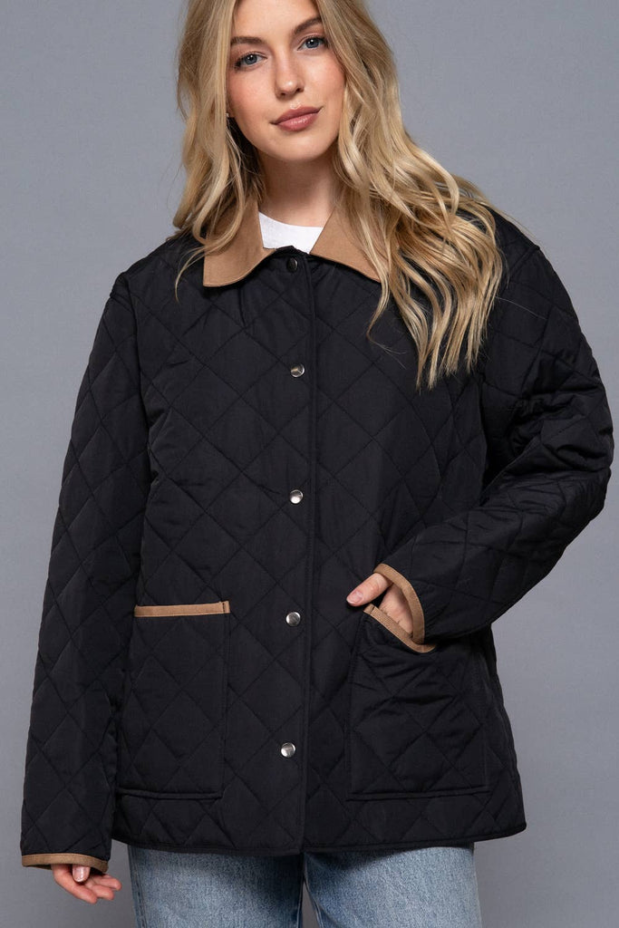 Black Long Sleeve Contrast Lapel Collar Quilted Puffer Barn Jacket