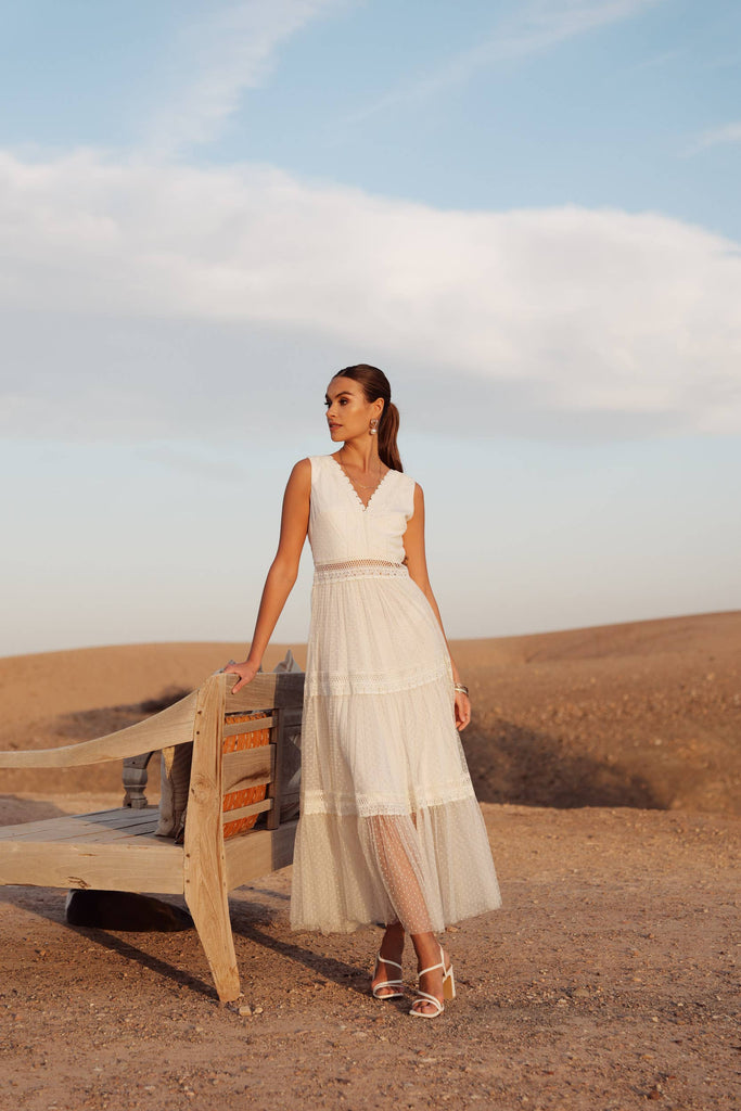Ecru Nikky long dress in plumetis tulle