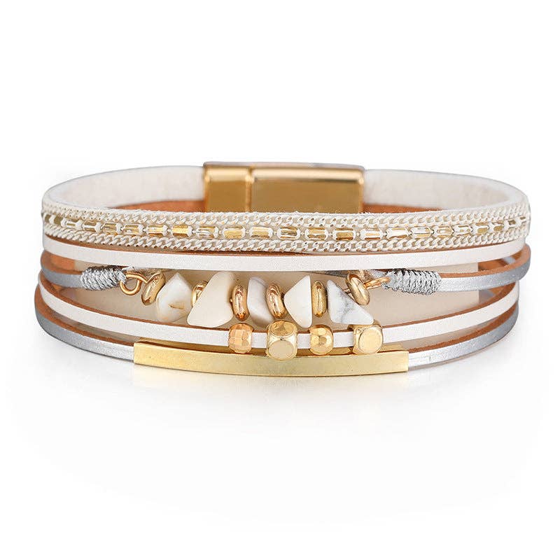 White Bohemian Natural Gravel & Leather WovenBracelet - BJ/LB: 7