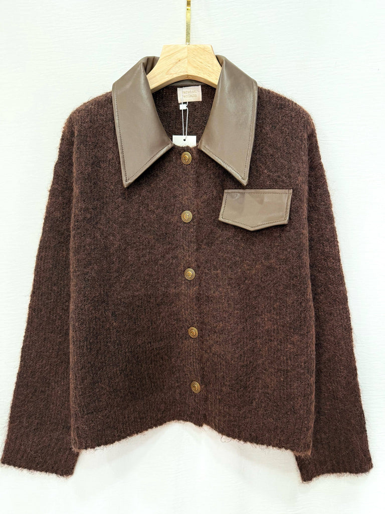 Chocolate PU Collar Cardigan Sweater