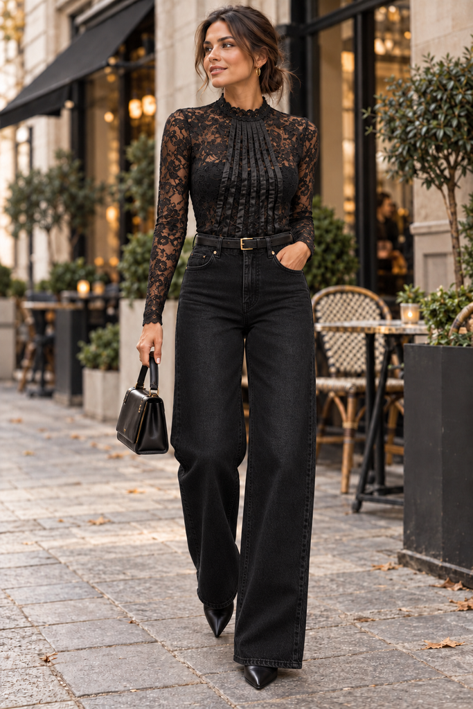 Lace Mesh Bodysuit: Black