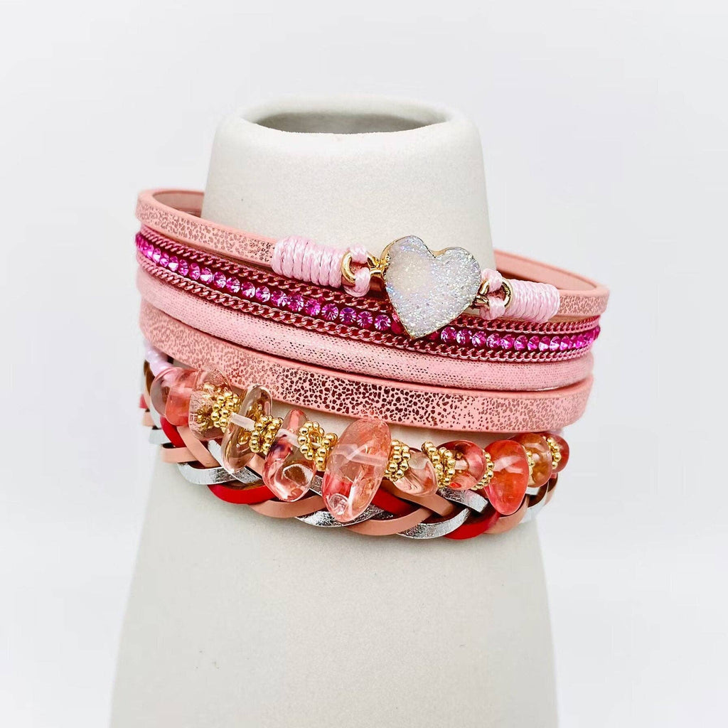 Pink Gravel Woven Leather Magnetic Buckle Bracelet