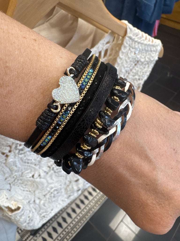 Gravel Woven Leather Magnetic Buckle Bracelet - BJ/LB: Black