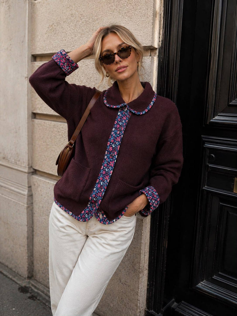 Jess Prune Knit cardigan with jacket effect, Peter Pan collar, floral print and trims