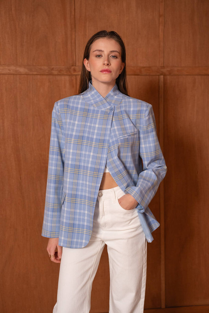 Blue & Lemon Tailored Checked Blazer with Mandarin Collar