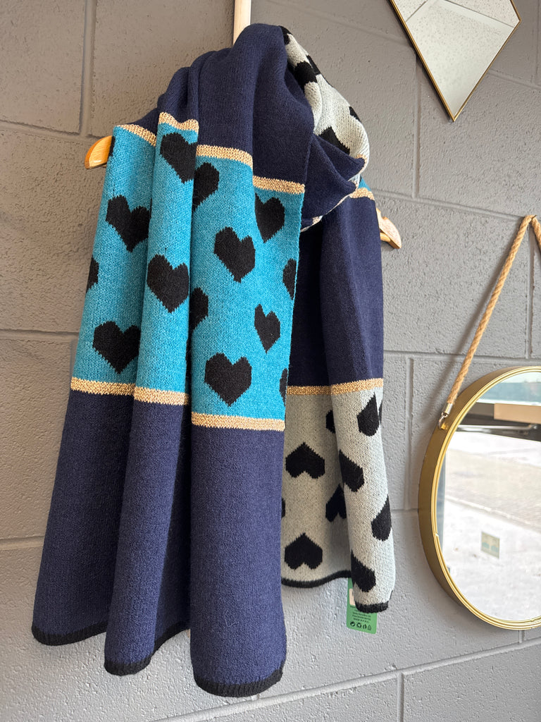Blue & Navy Hearts Scarf with Gold Lurex