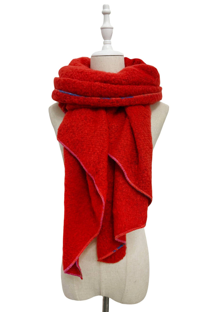 Plain Contrast Stitch Wool Diagonal Edge Scarf: Red