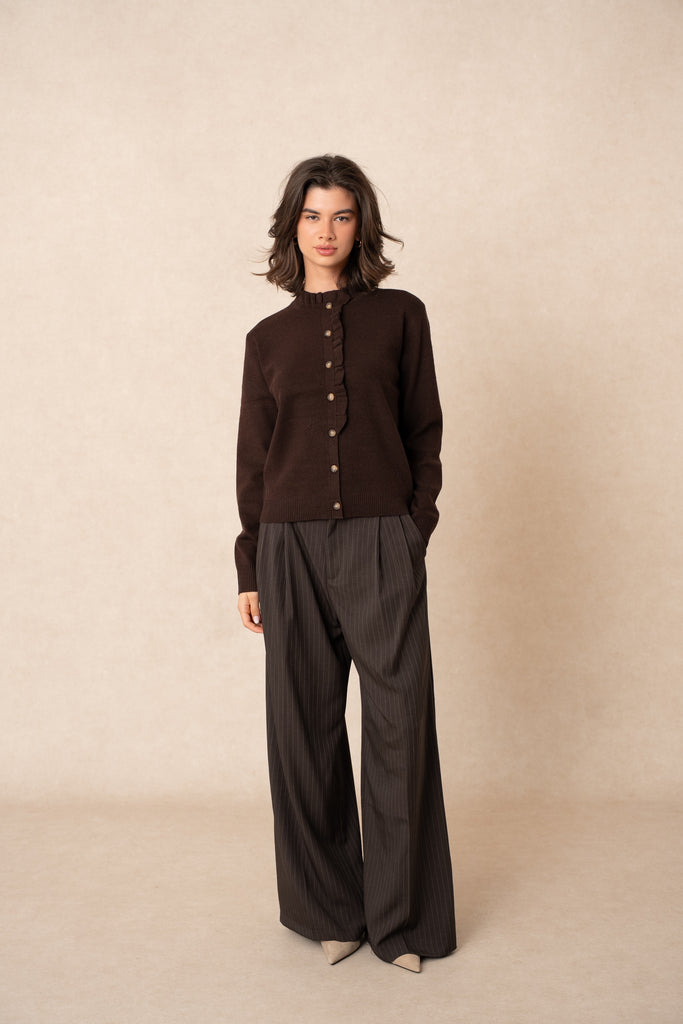 Deep Chocolate Ruffle Cardigan