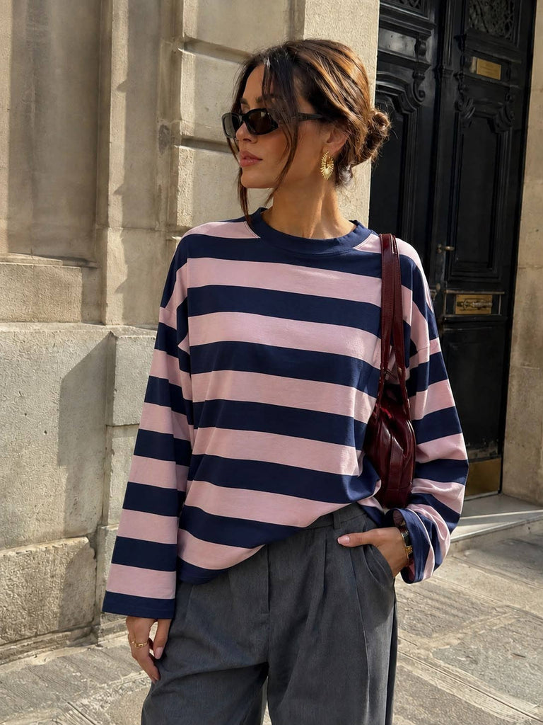 Navy & Pink Striped Long-Sleeve T-shirt – Casual Chic Style: