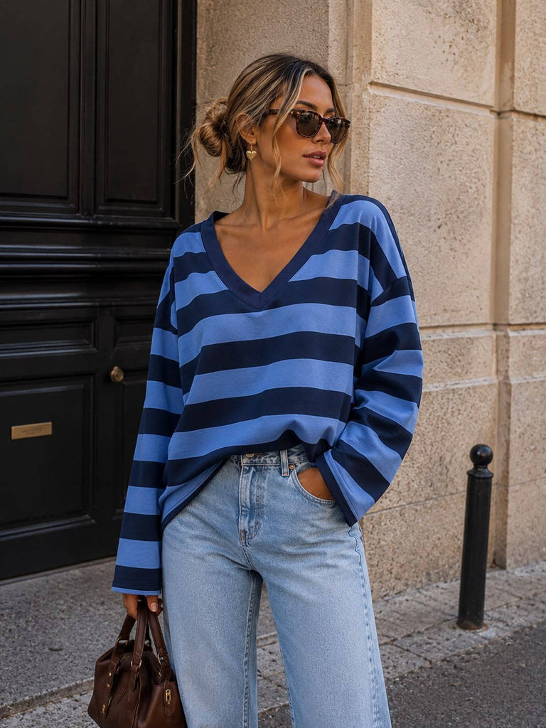 Navy Oversized Long-Sleeve V-Neck T-Shirt - Autumn/Winter Collection