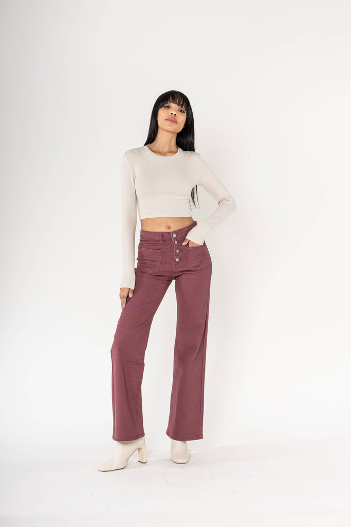 Wide Leg High Waist Stretch Flare Jeans: Prune