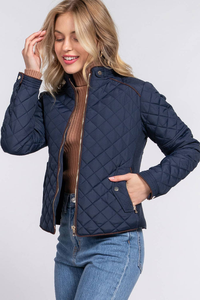 Navy Suede Piping Detail Rib Quilted Padding Jacket