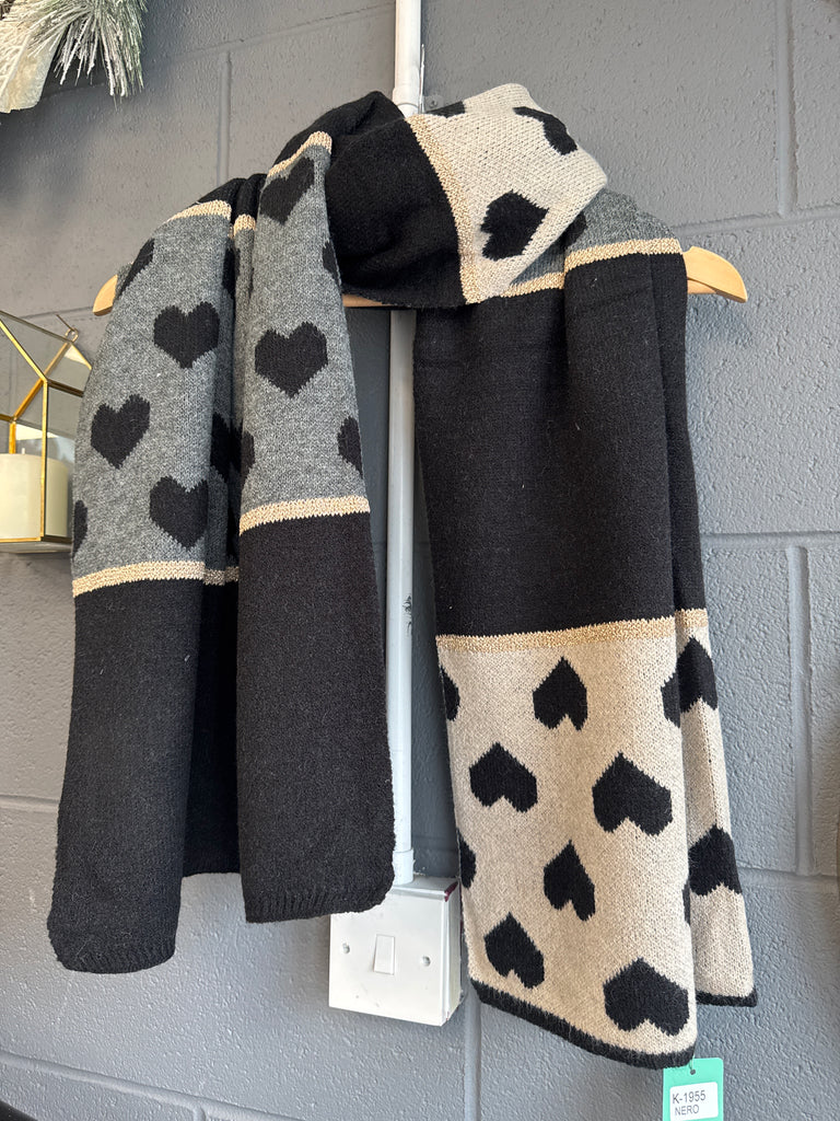 Black Hearts Gold Lurex Knitted Scarf