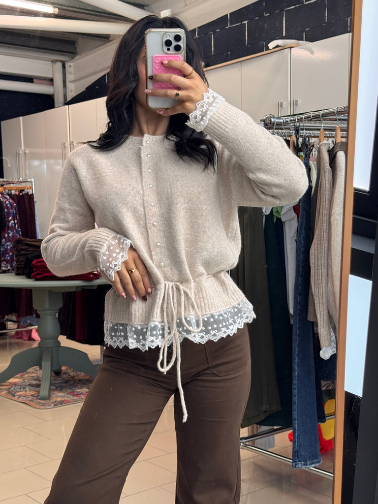 Beige Lace Knit Pearl Cardigan