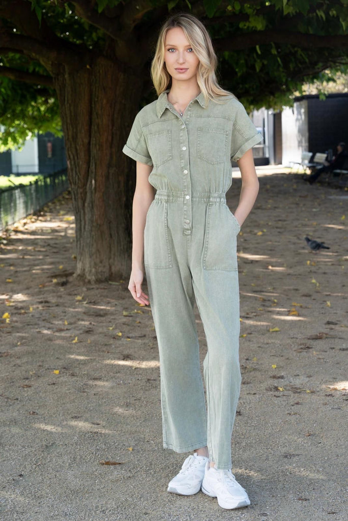 Khaki Utility Style Summer Cotton Jumpsuit