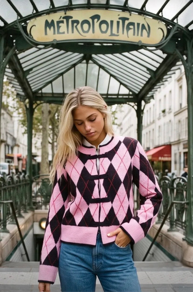 Pink & Burgundy Argyle Toggle Knit