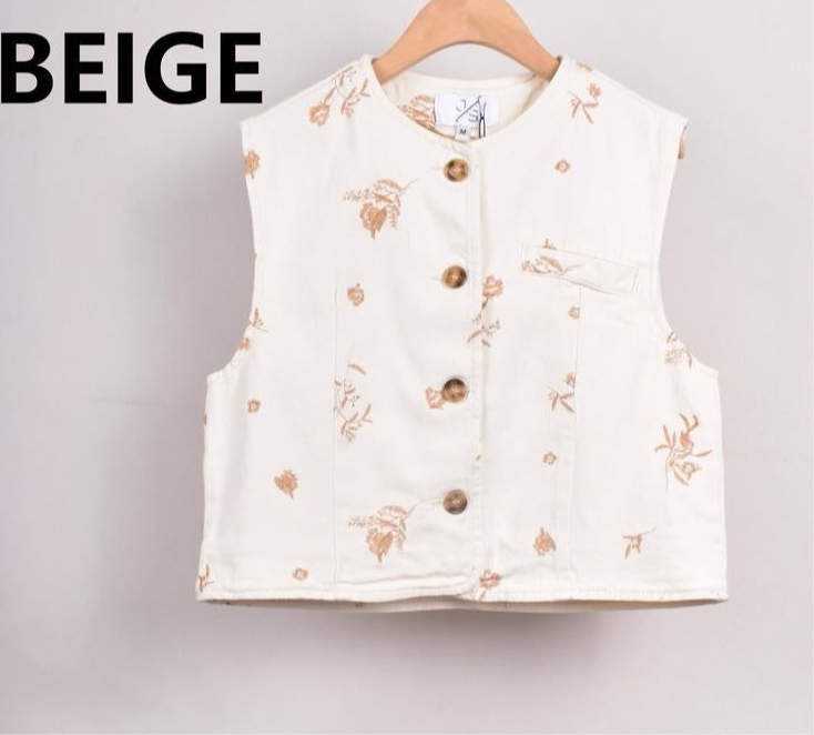 Beige Rose Denim Waistcoat