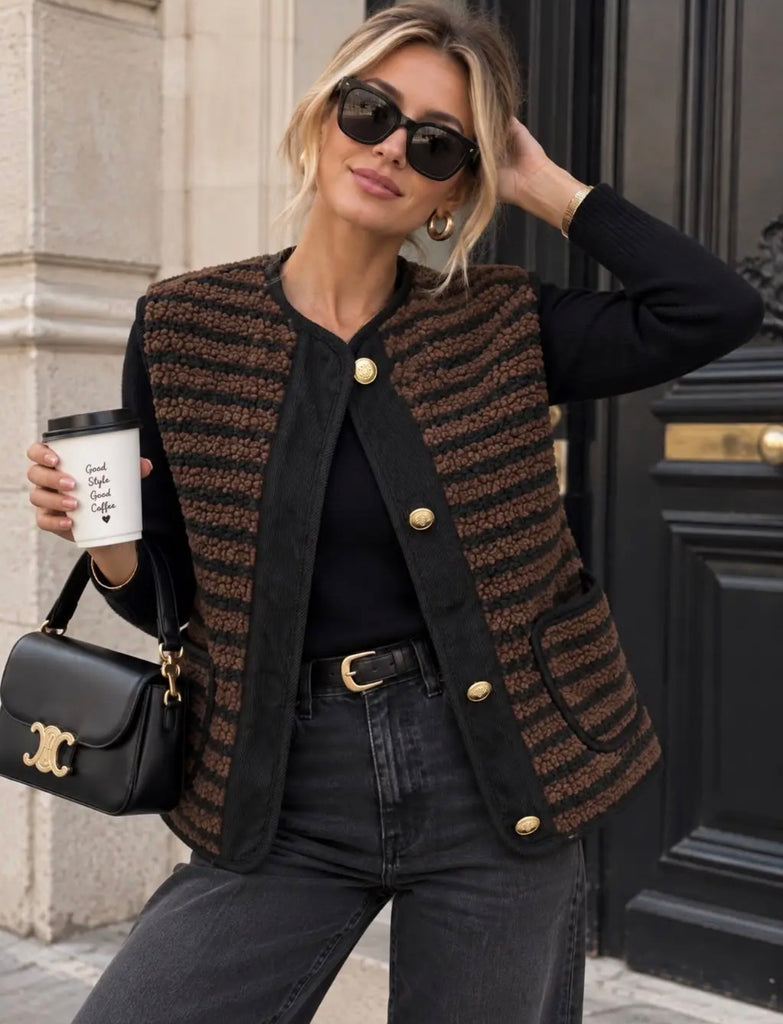 Black/Brown Sleeveless Textured Knitted Gilet
