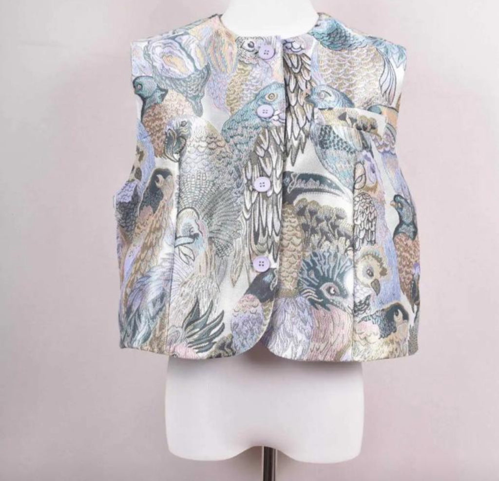Lilac & Duck Egg Embroidered Parrot Waistcoat