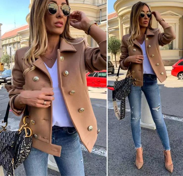 Camel Short Double Breasted Jacket with Gold Buttons
