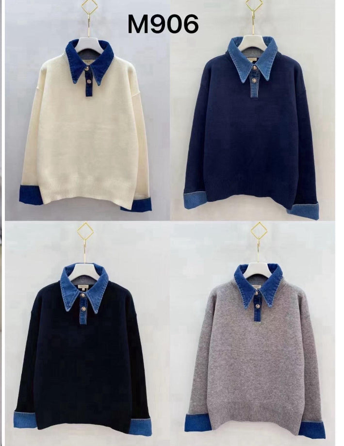 Navy Sweater With Faux Denim Collar & Cuff