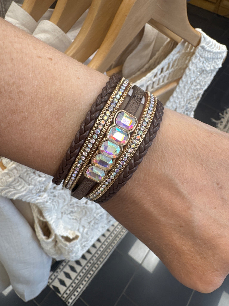 Boho Sparkling Rhinestone Multi-layer Leather Bracelet Coffee