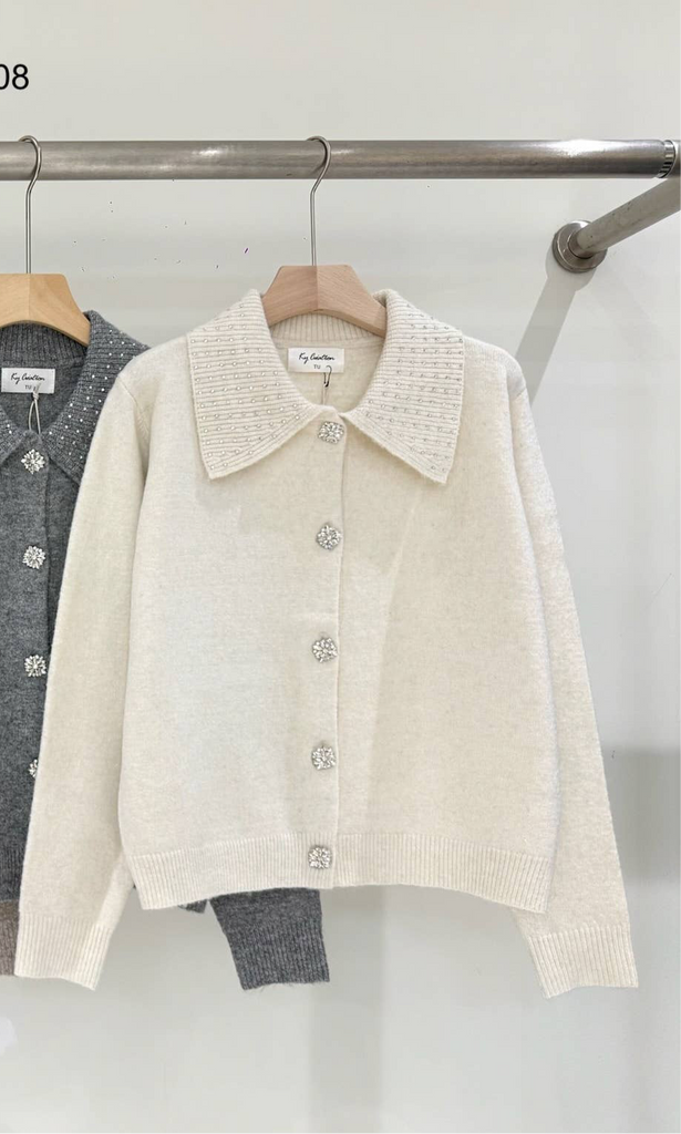 Ecru Cardigan with rhinestones on the collar and decorative buttons