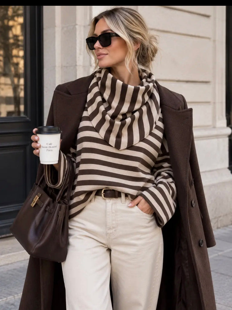 Cream & Chocolate Striped Sweater & Scarf Set