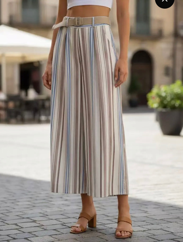 Blue/Brown Striped Wide Leg Trousers with Belt