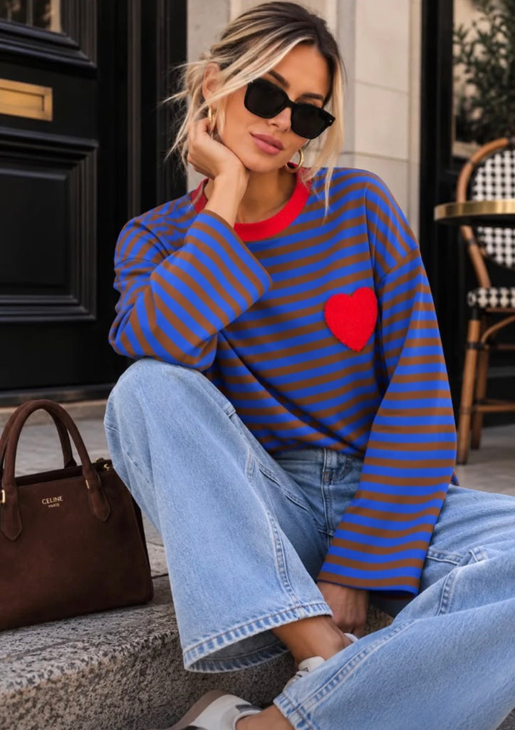 Blue Brown Stripe Heart Long Sleeve Tee