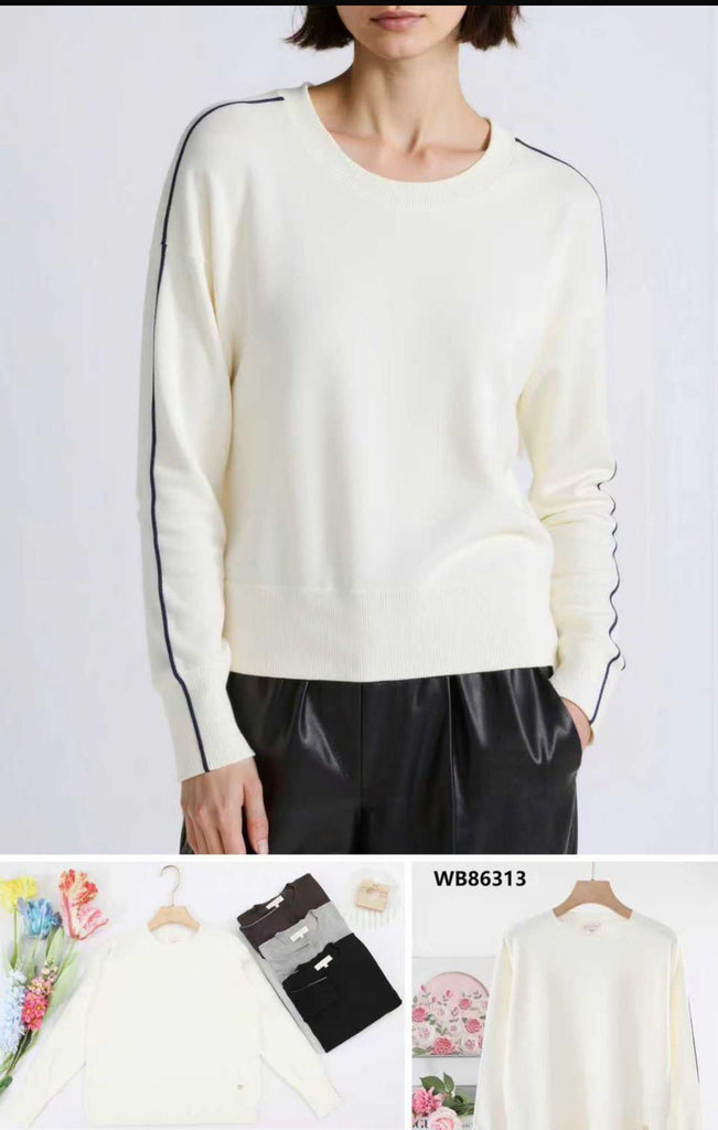 Sara Fine Knit Sweater (Various Colours) with Fine Stripe on Shoulder & Arm
