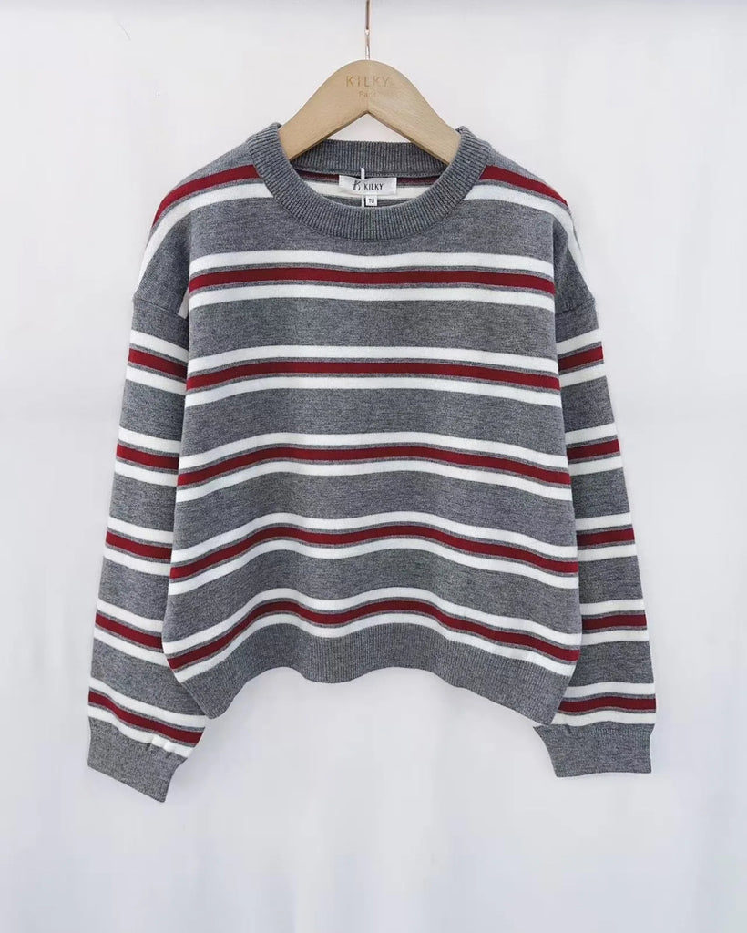 Grey Burgundy Striped Crew Neck Soft Sweater