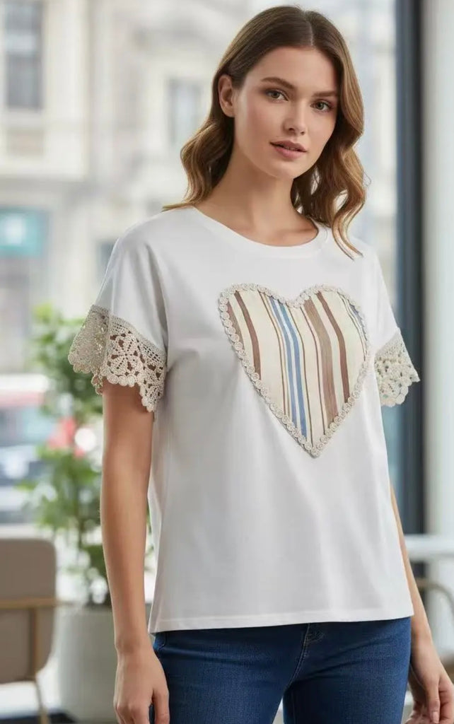 Heart Stripe Crochet Detail T-Shirt