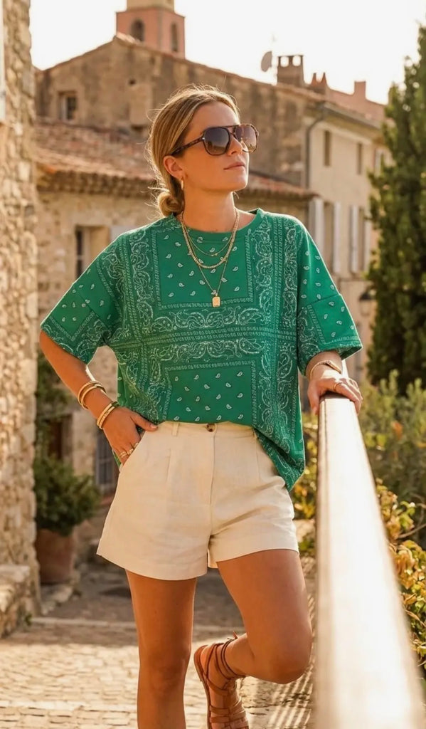 Green Printed Short Sleeve Sweatshirt