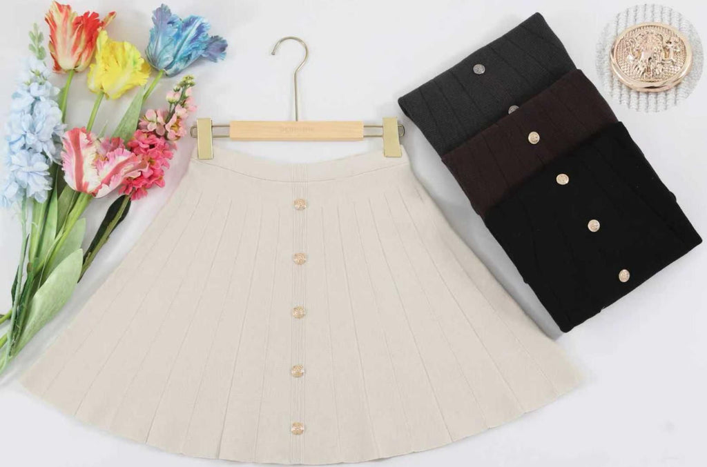 Soft Knit Flared Skirt with Gold Buttons
