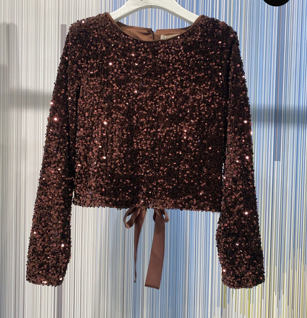 Rich Dark Brown Sequin Top with Open Back.