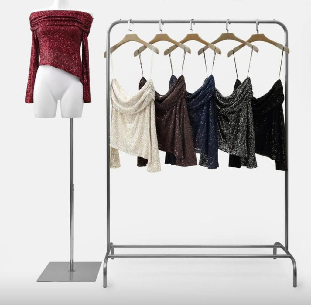 WINE ASYMMETRICAL SEQUIN TOP WITH BARDOT NECKLINE