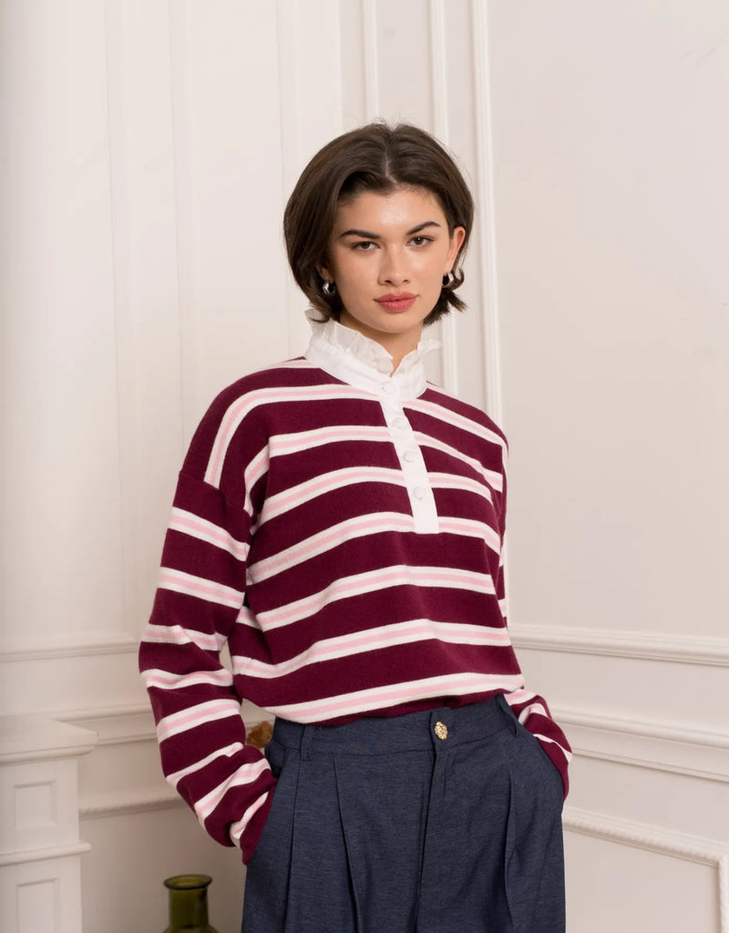 Burgundy & Rose Ruffle Collar Rugby Sweatshirt