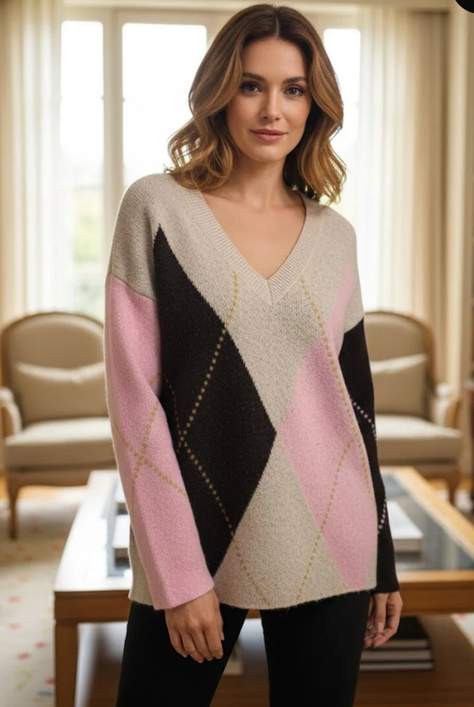 Brown & Pink Geometric V Neck Sweater